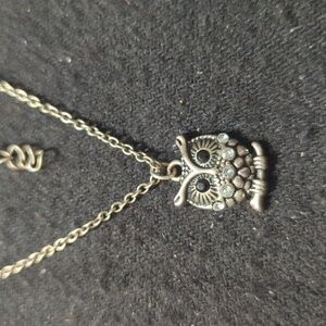 Silver Tone Black and Clear Rhinestone Owl Pendant Statement Necklace